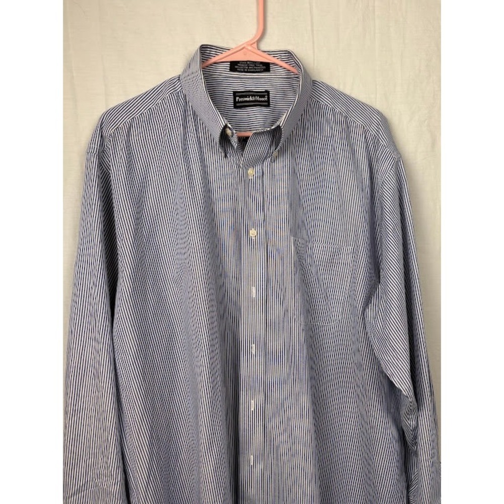 Preswick & Moore Mens Blue White Striped Wrinkle Free Twill Dress Shirt 17 32/33